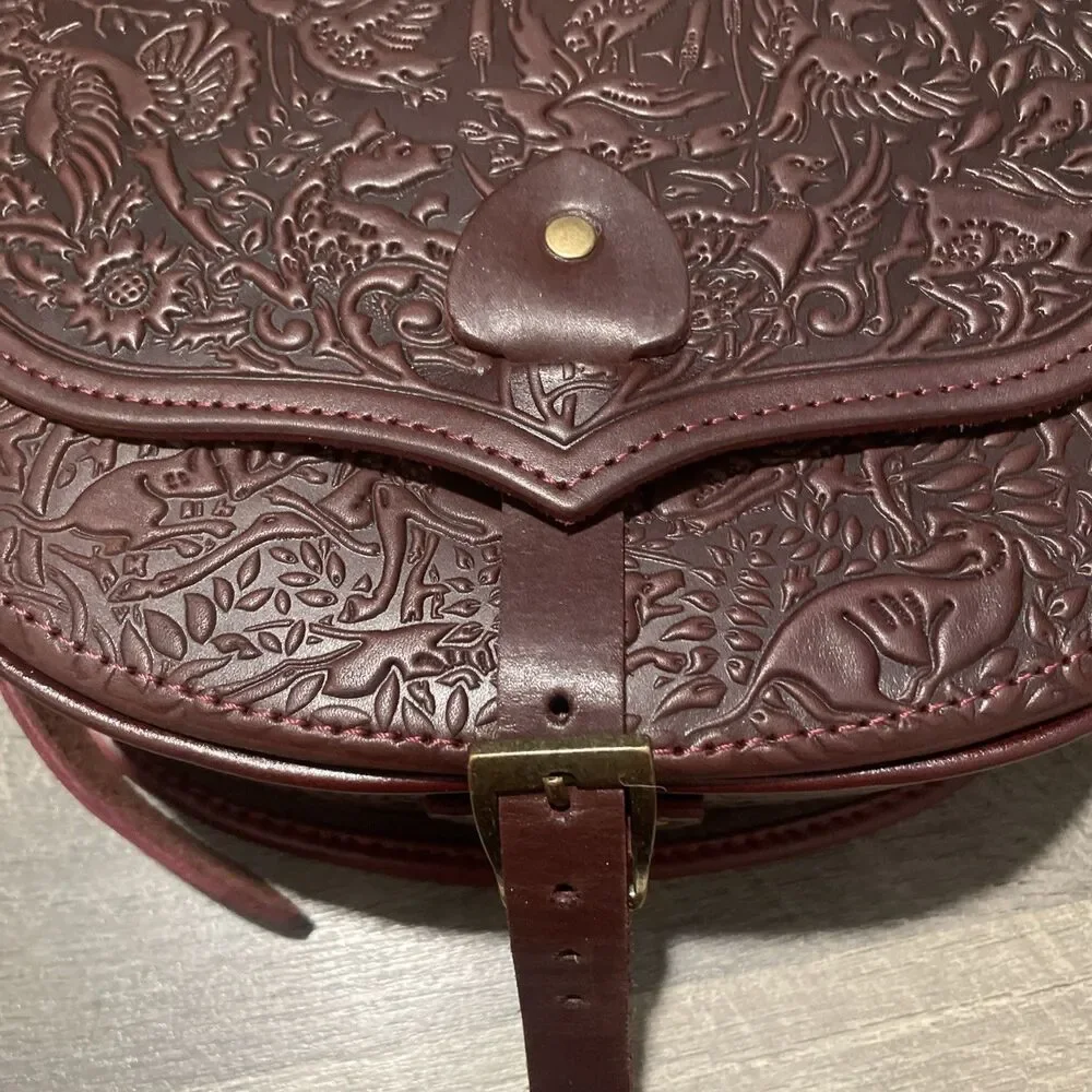 Handmade Tooled Leather Crossbody Bag Brown Embossed Saddle Bag Western Boho